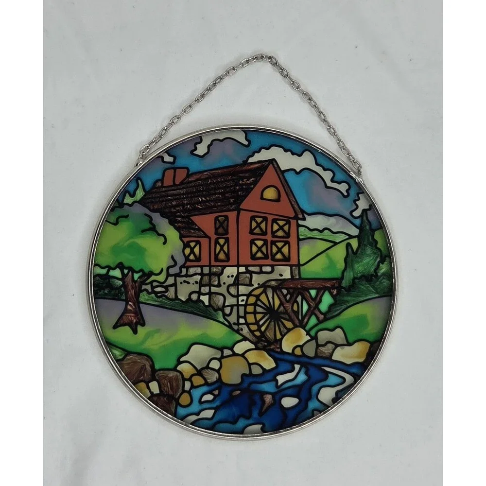 Vtg Handmade Stained Glass Sun Catcher Old Mill Water Wheel Tree 4.5